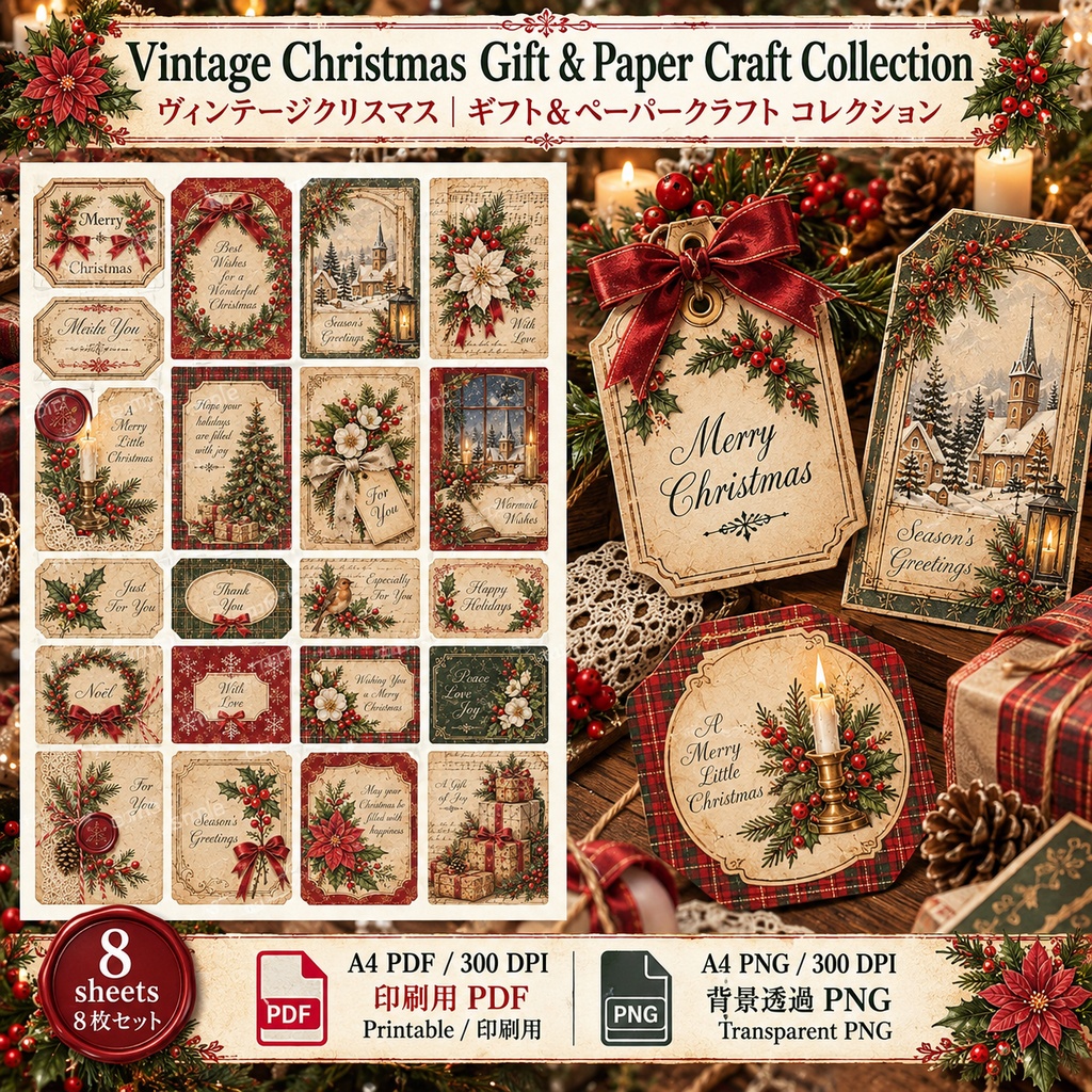 Vintage Christmas Gift & Paper Craft Collection|ヴィンテージクリスマス ギフト&ペーパークラフト素材 8枚セット