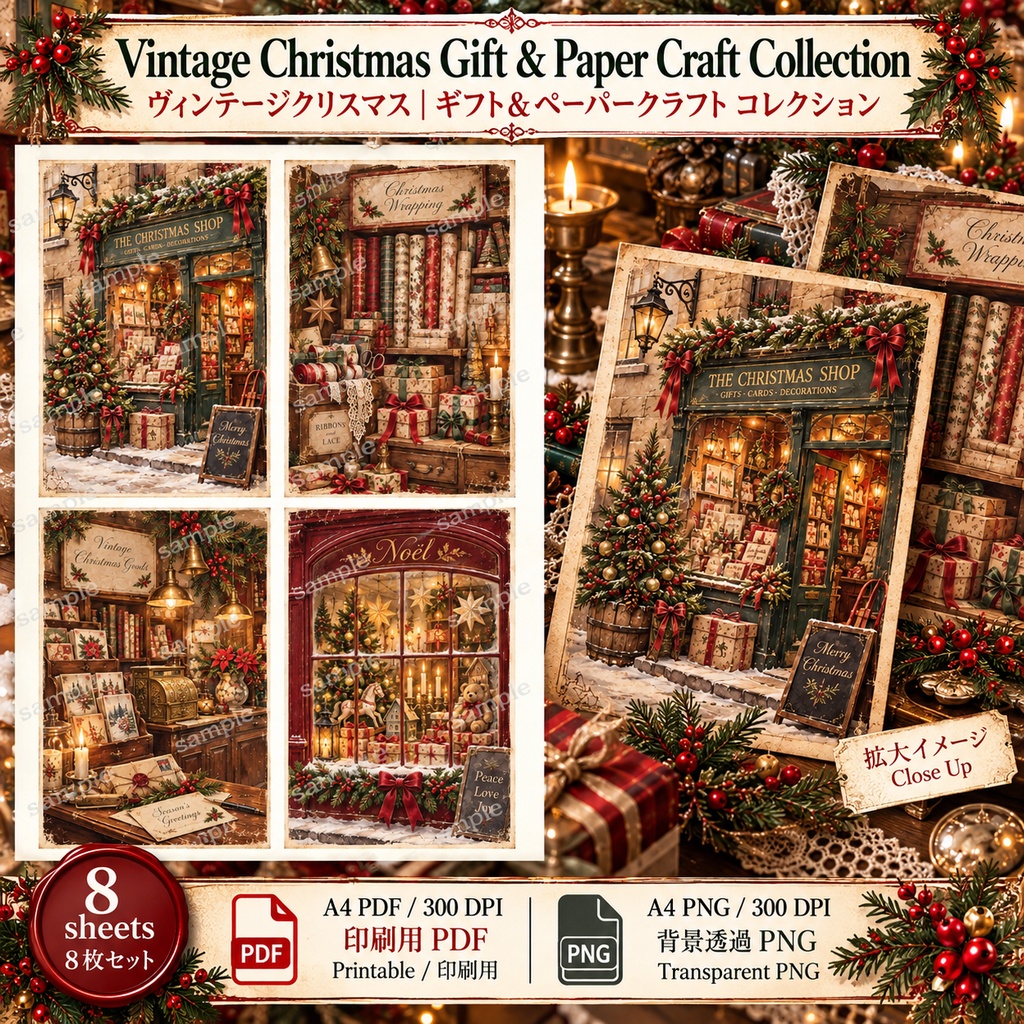 Vintage Christmas Gift & Paper Craft Collection|ヴィンテージクリスマス ギフト&ペーパークラフト素材 8枚セット