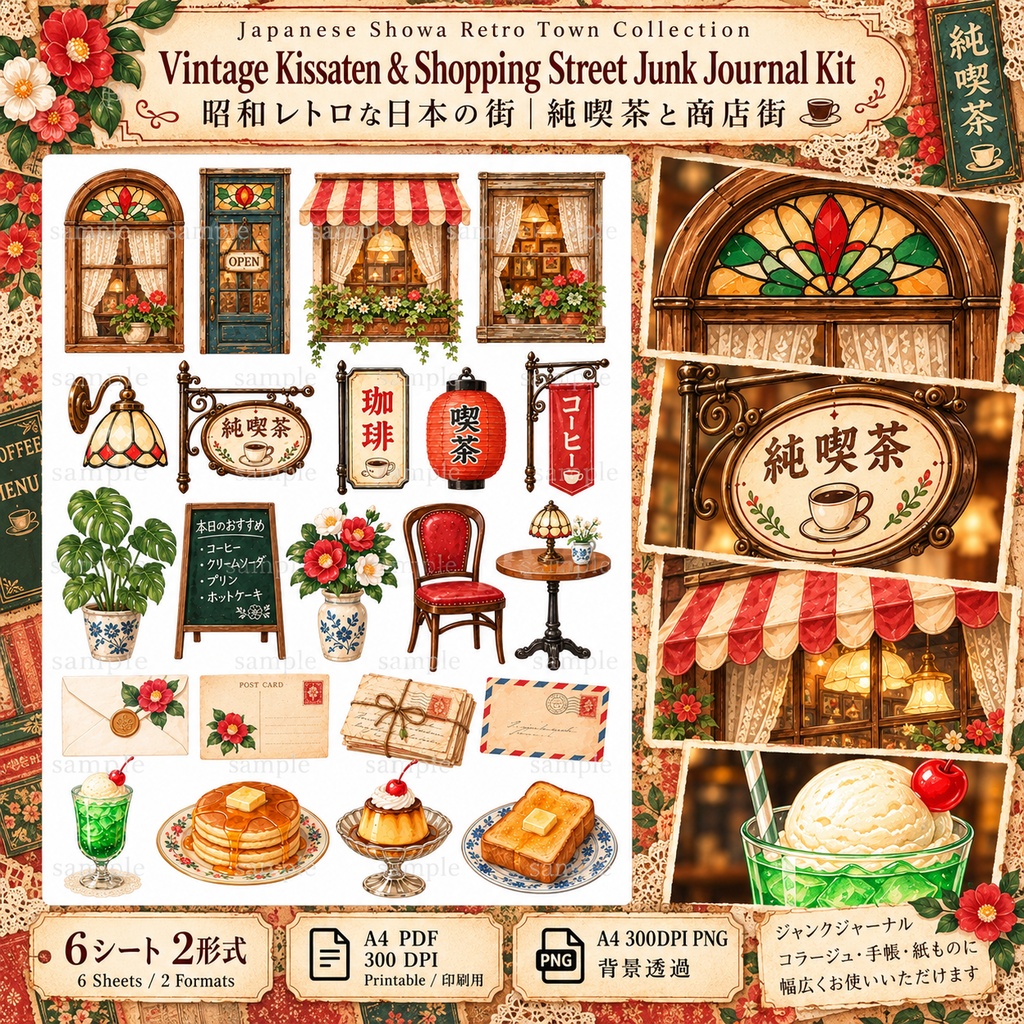 【昭和レトロ】純喫茶と商店街のジャンクジャーナル素材セット|背景8枚+パーツ6種|デジタル素材