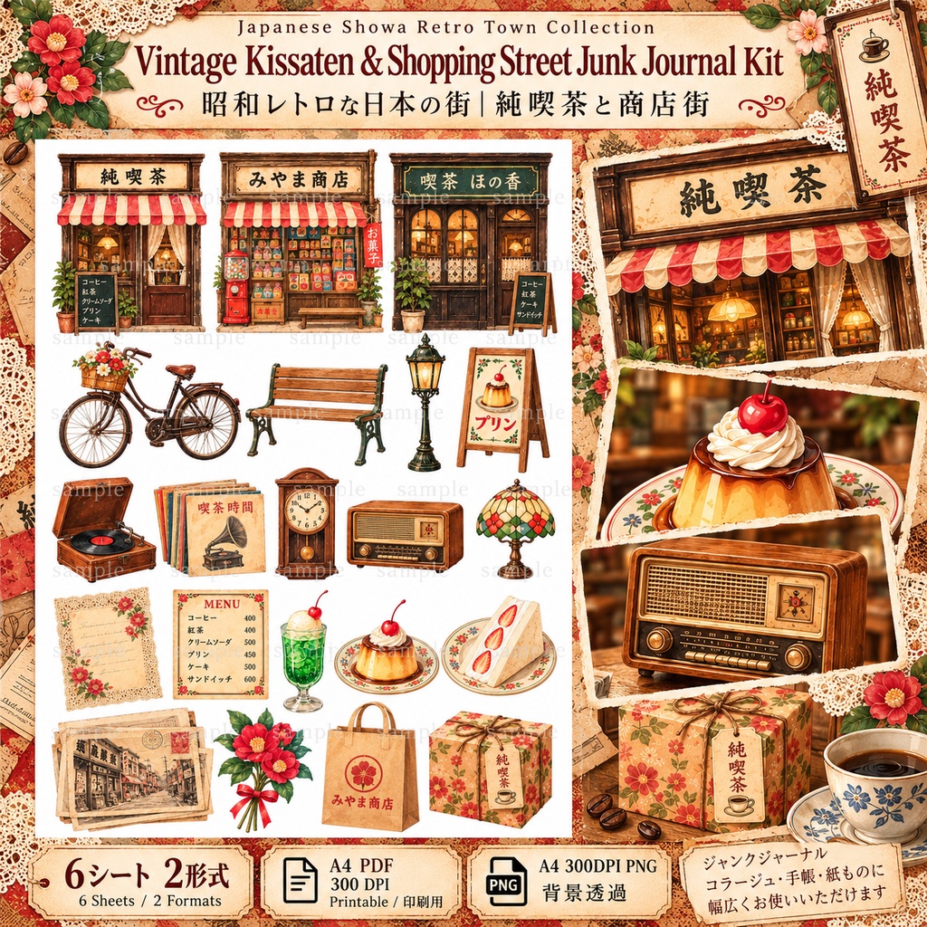 【昭和レトロ】純喫茶と商店街のジャンクジャーナル素材セット|背景8枚+パーツ6種|デジタル素材