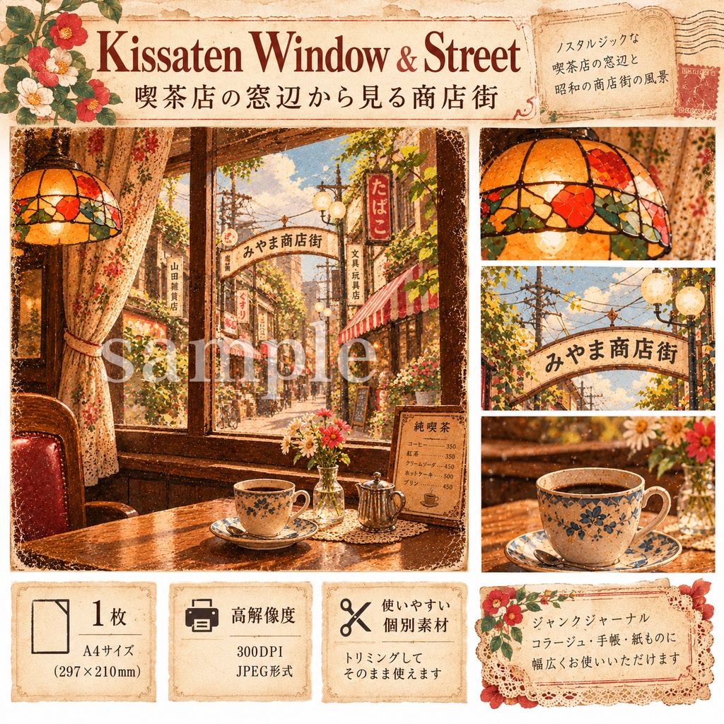 【昭和レトロ】純喫茶と商店街のジャンクジャーナル素材セット|背景8枚+パーツ6種|デジタル素材