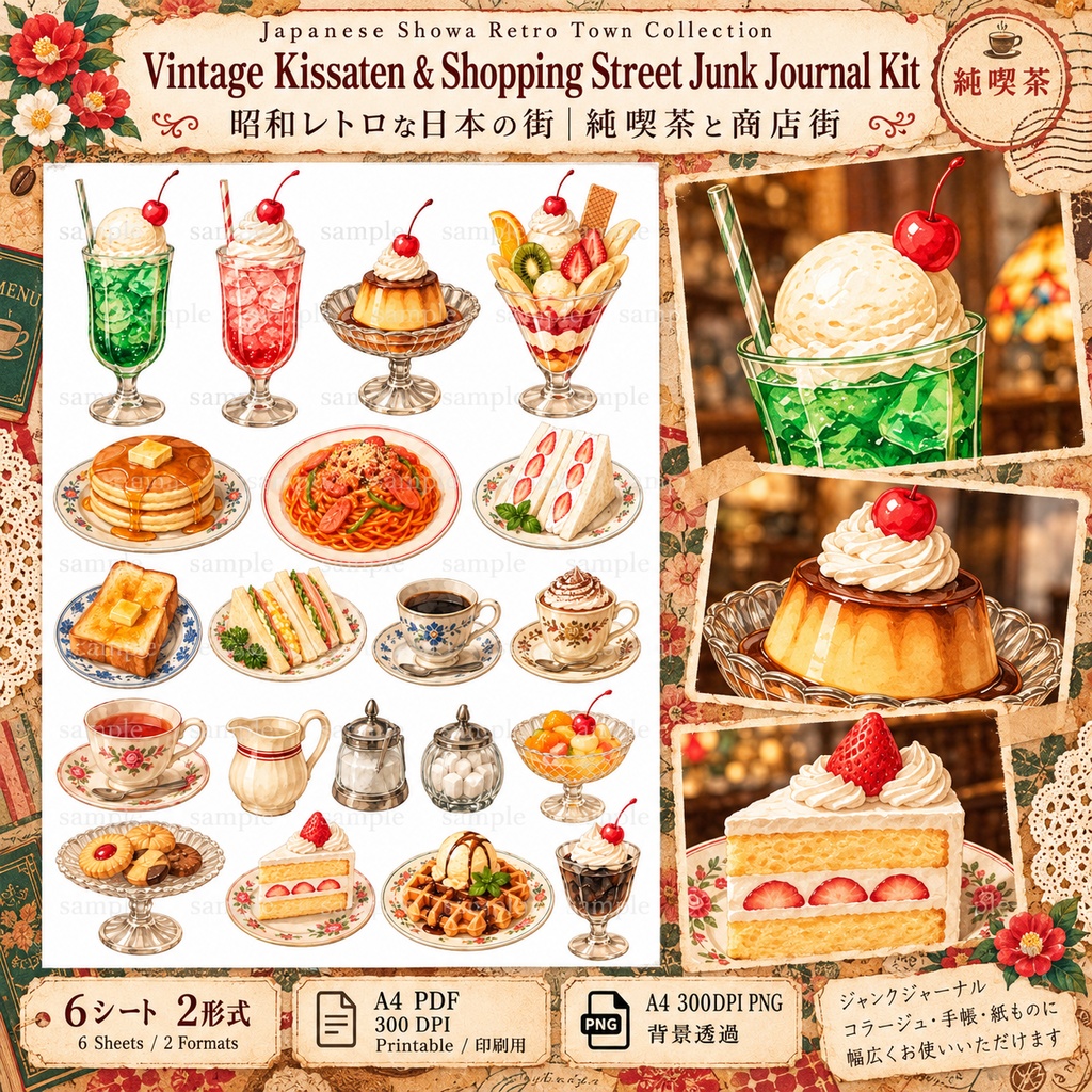 【昭和レトロ】純喫茶と商店街のジャンクジャーナル素材セット|背景8枚+パーツ6種|デジタル素材