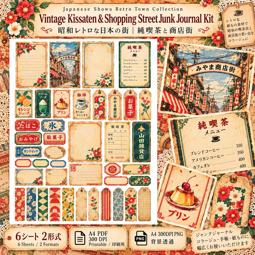 【昭和レトロ】純喫茶と商店街のジャンクジャーナル素材セット|背景8枚+パーツ6種|デジタル素材