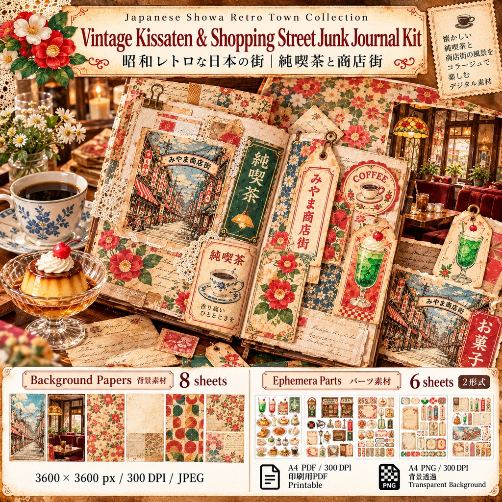 【昭和レトロ】純喫茶と商店街のジャンクジャーナル素材セット|背景8枚+パーツ6種|デジタル素材