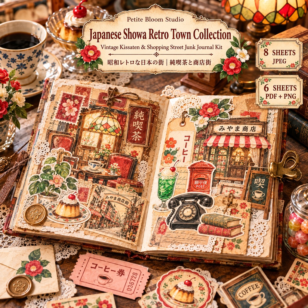 【昭和レトロ】純喫茶と商店街のジャンクジャーナル素材セット|背景8枚+パーツ6種|デジタル素材
