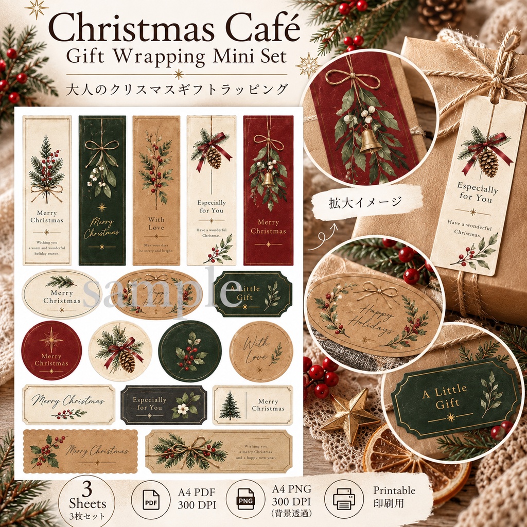 大人のクリスマスギフトラッピング|タグ・ラベル・ミニメッセージカード 3枚セット|Christmas Café