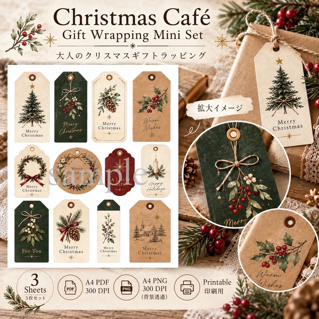 大人のクリスマスギフトラッピング|タグ・ラベル・ミニメッセージカード 3枚セット|Christmas Café