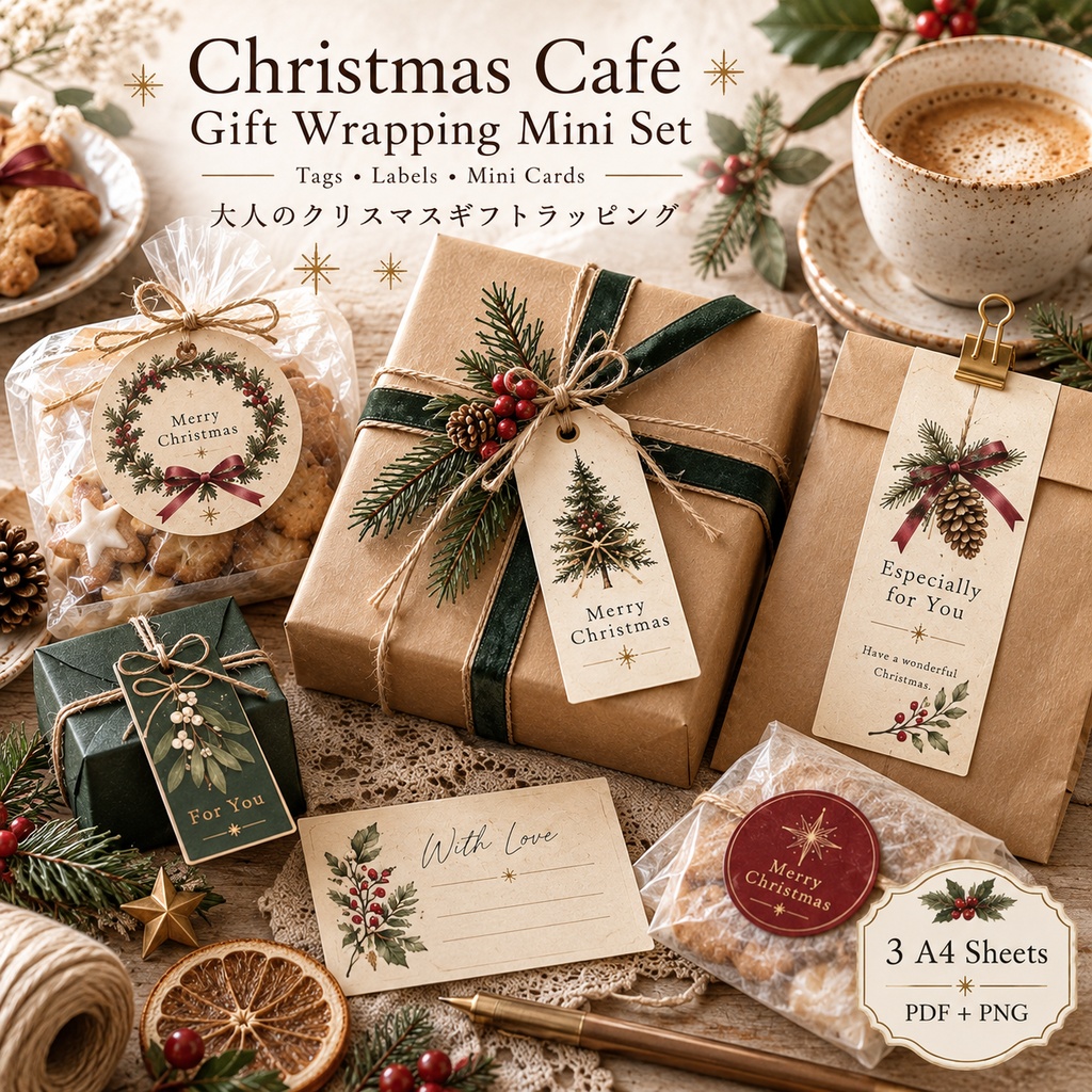 大人のクリスマスギフトラッピング｜タグ・ラベル・ミニメッセージカード 3枚セット｜Christmas Café