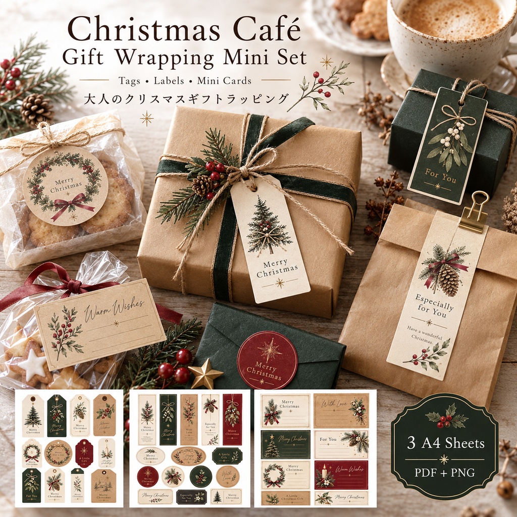大人のクリスマスギフトラッピング|タグ・ラベル・ミニメッセージカード 3枚セット|Christmas Café