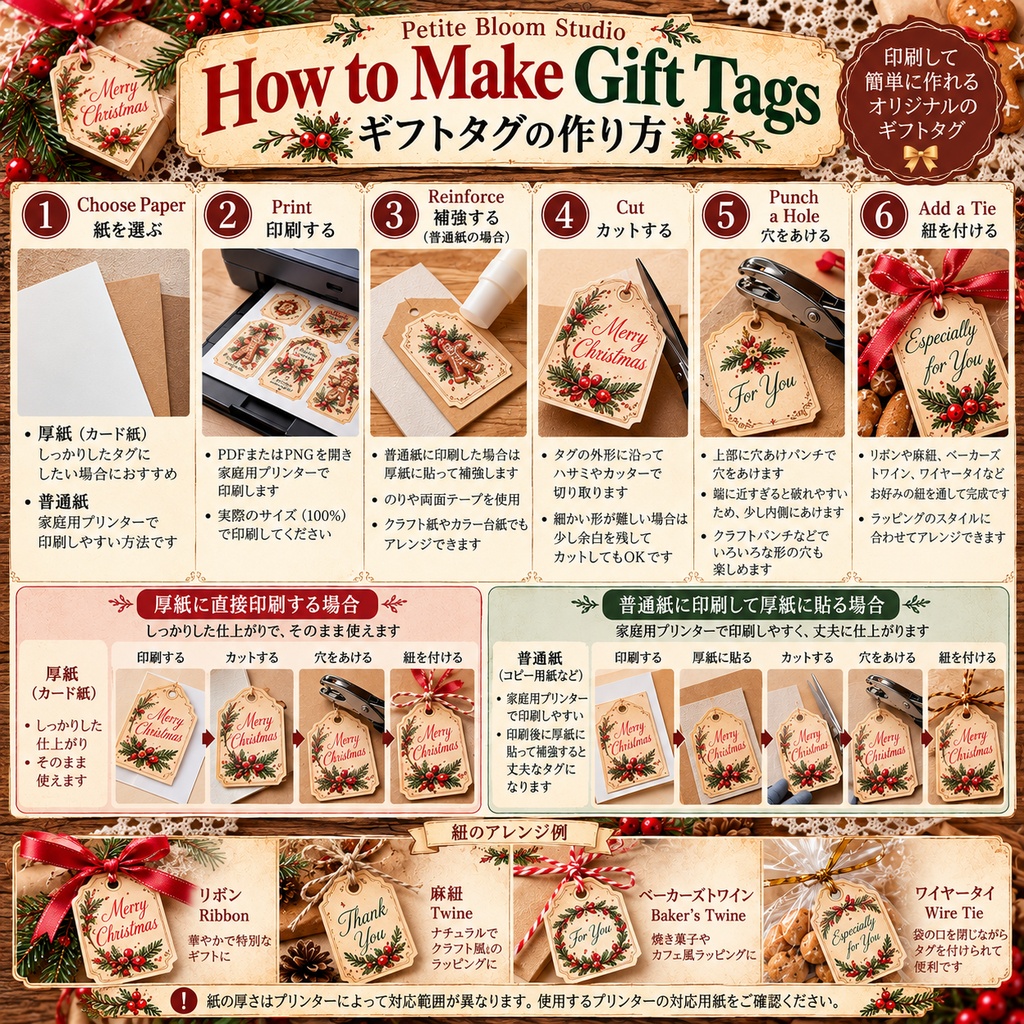 クリスマスベーカリー|焼き菓子ラッピング素材セット 4シート|ギフトタグ・シール・メッセージカード・包装帯|ヴィンテージ