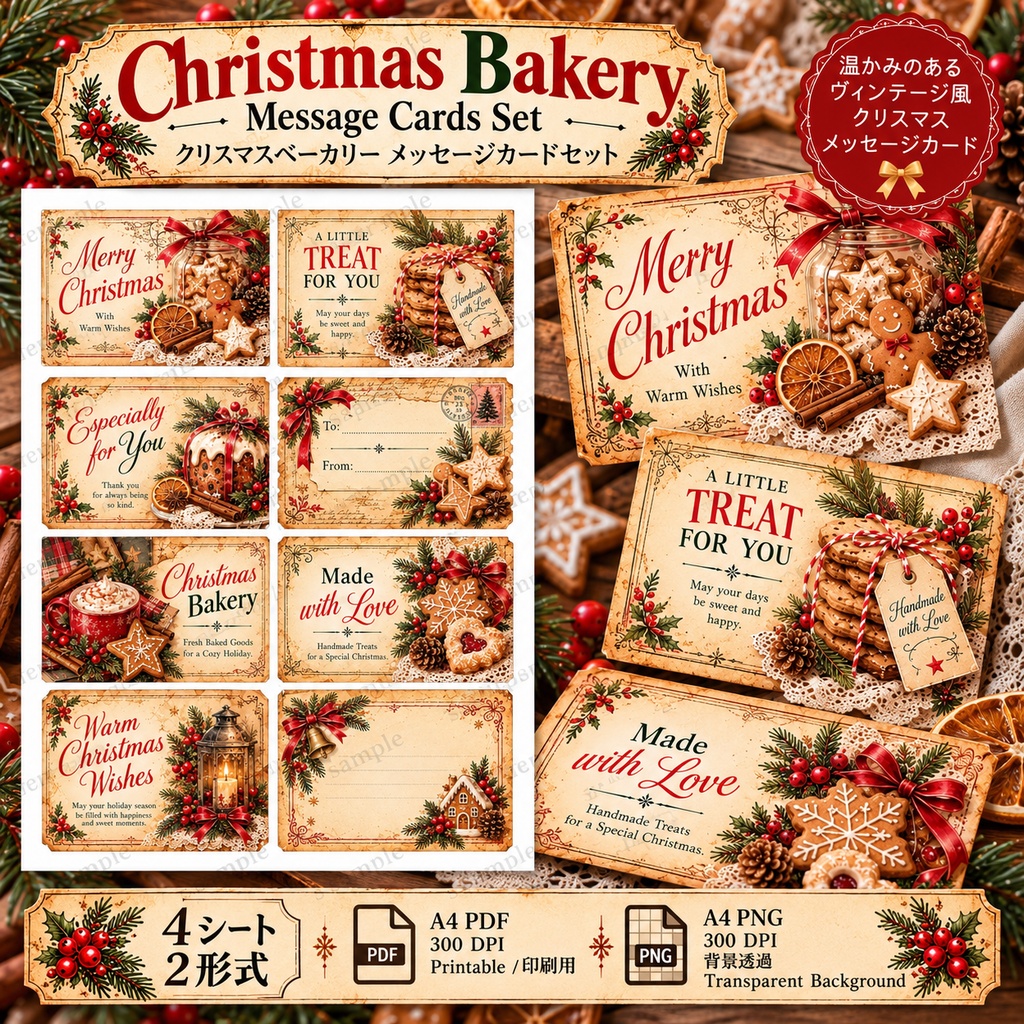 クリスマスベーカリー|焼き菓子ラッピング素材セット 4シート|ギフトタグ・シール・メッセージカード・包装帯|ヴィンテージ