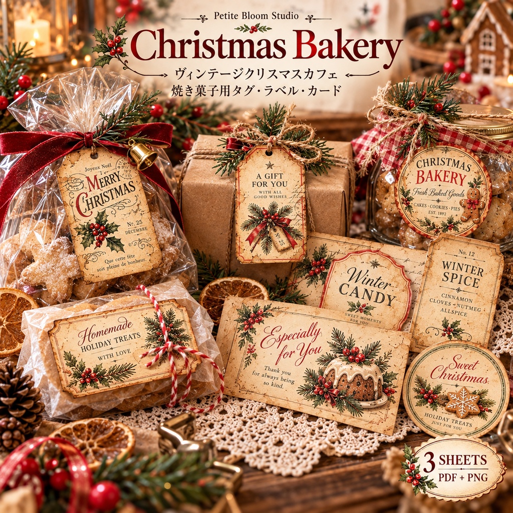クリスマスベーカリー｜焼き菓子ラッピング素材セット 4シート｜ギフトタグ・シール・メッセージカード・包装帯｜ヴィンテージ