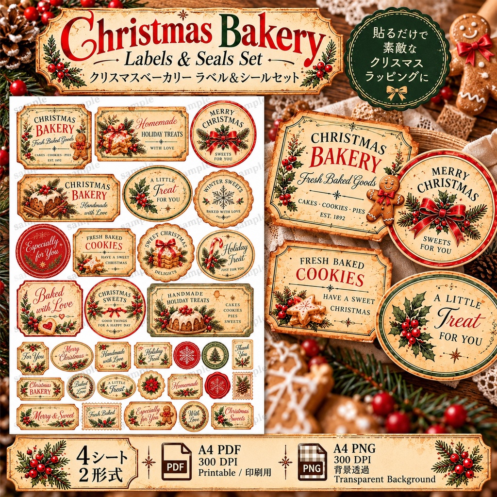 クリスマスベーカリー|焼き菓子ラッピング素材セット 4シート|ギフトタグ・シール・メッセージカード・包装帯|ヴィンテージ