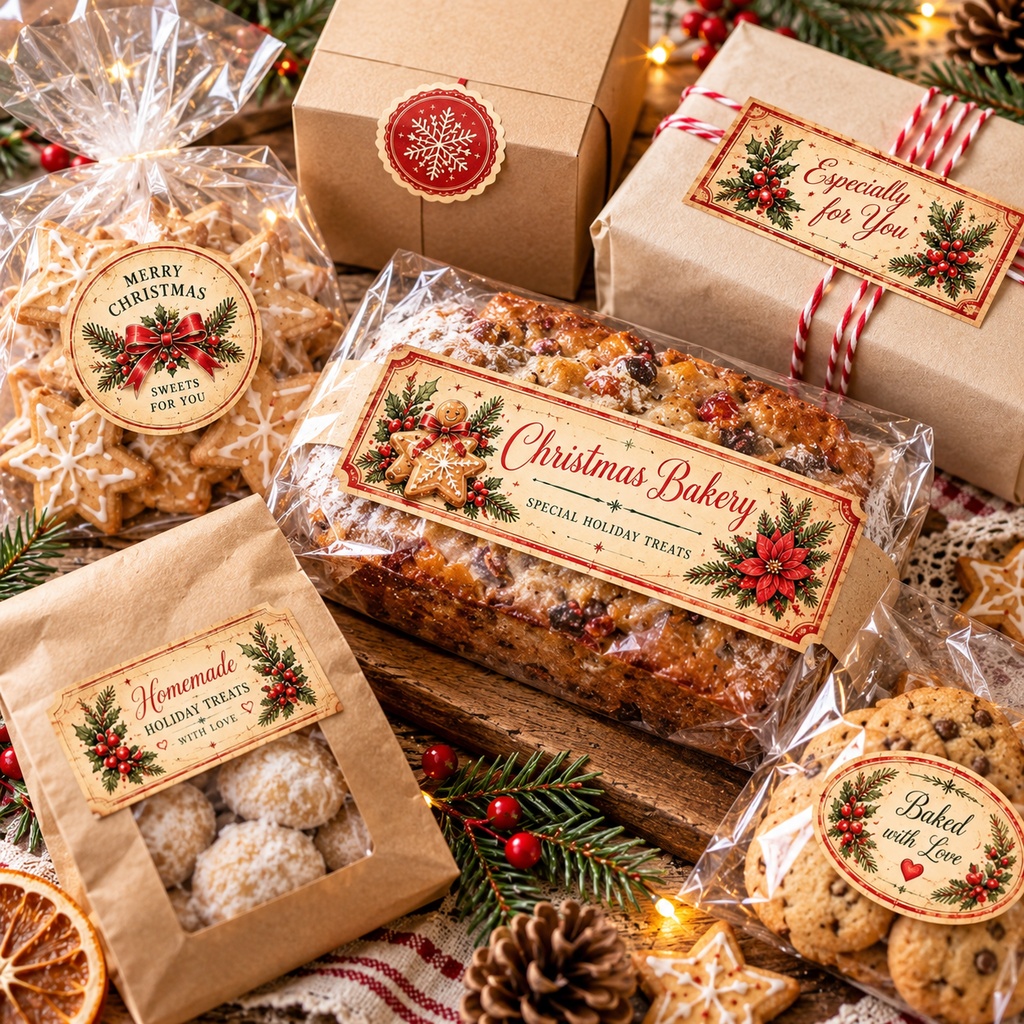 クリスマスベーカリー|焼き菓子ラッピング素材セット 4シート|ギフトタグ・シール・メッセージカード・包装帯|ヴィンテージ