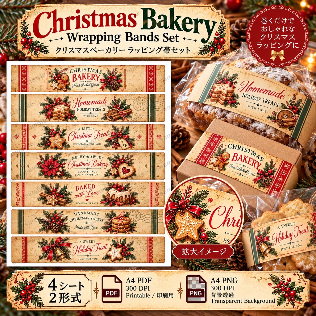 クリスマスベーカリー|焼き菓子ラッピング素材セット 4シート|ギフトタグ・シール・メッセージカード・包装帯|ヴィンテージ