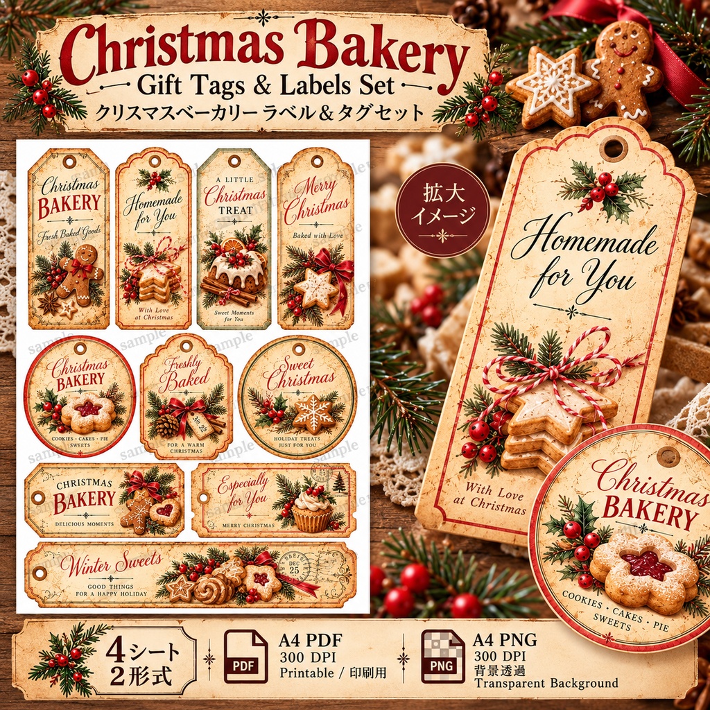 クリスマスベーカリー|焼き菓子ラッピング素材セット 4シート|ギフトタグ・シール・メッセージカード・包装帯|ヴィンテージ