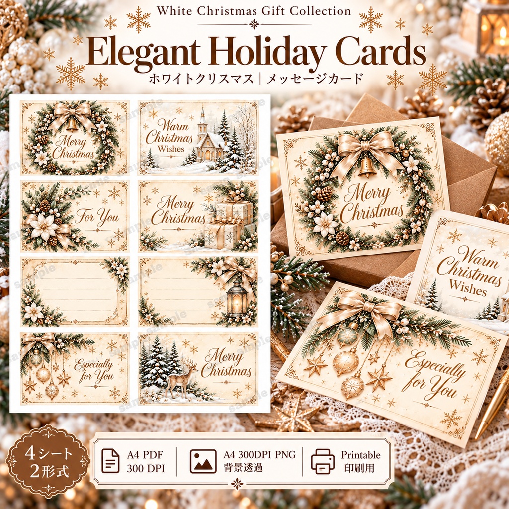 ホワイトクリスマス|ギフトラッピング素材 4シート|タグ・ラベル・メッセージカード・ラッピング帯|White Christmas Gift Collection