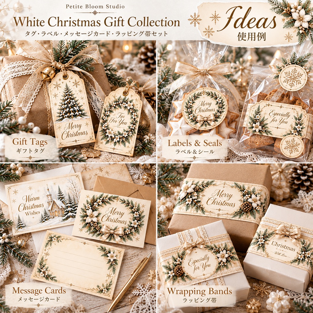 ホワイトクリスマス|ギフトラッピング素材 4シート|タグ・ラベル・メッセージカード・ラッピング帯|White Christmas Gift Collection
