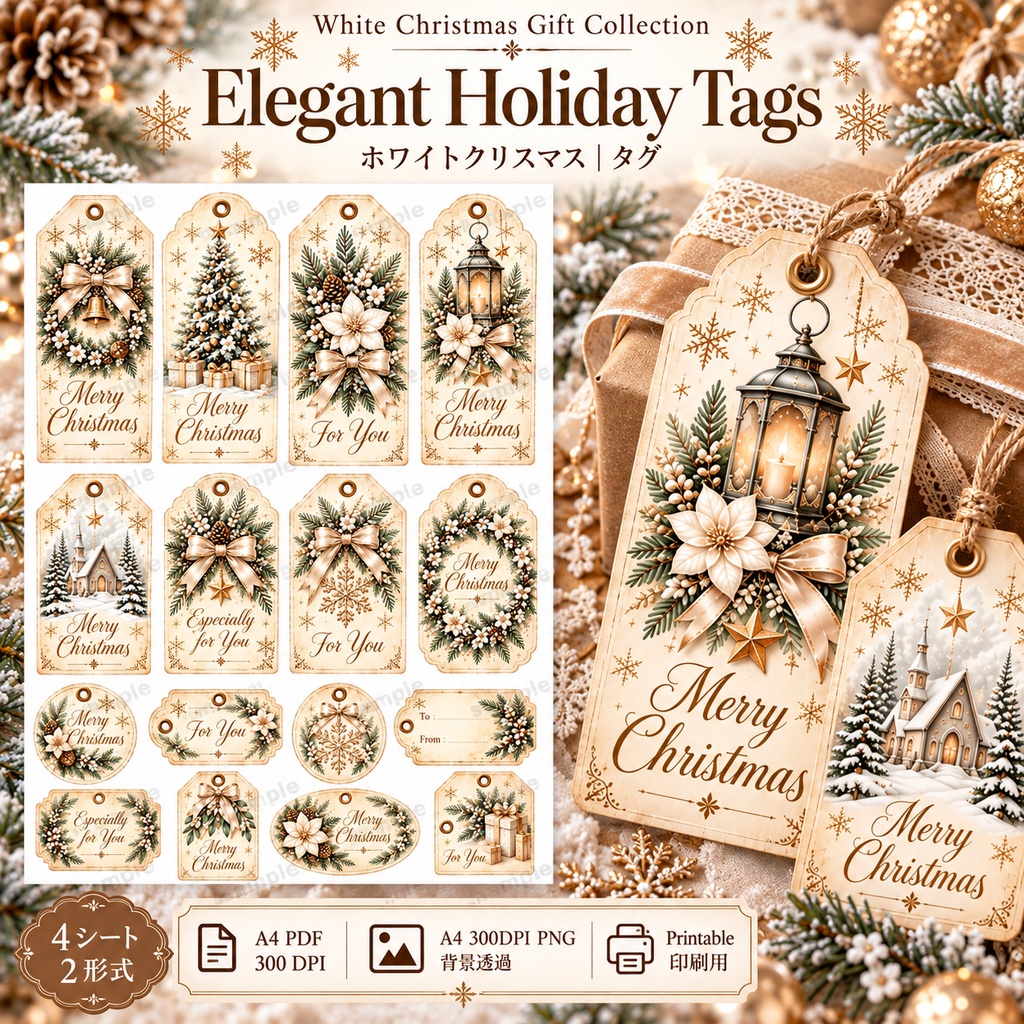 ホワイトクリスマス|ギフトラッピング素材 4シート|タグ・ラベル・メッセージカード・ラッピング帯|White Christmas Gift Collection