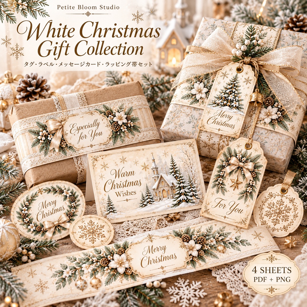 ホワイトクリスマス｜ギフトラッピング素材 4シート｜タグ・ラベル・メッセージカード・ラッピング帯｜White Christmas Gift Collection