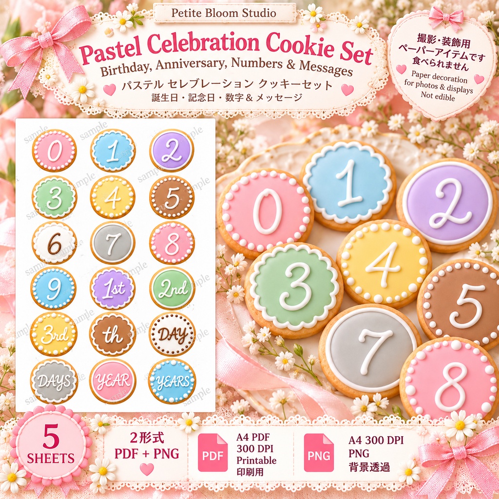 推し活・誕生日・周年記念・数字&メッセージ アイシングクッキー風デコレーション Pastel Celebration Cookie Set