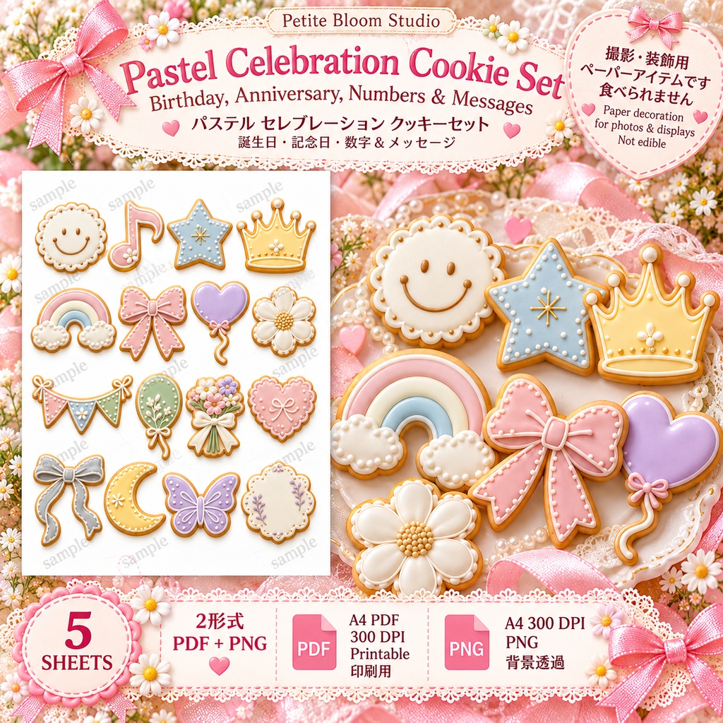 推し活・誕生日・周年記念・数字&メッセージ アイシングクッキー風デコレーション Pastel Celebration Cookie Set