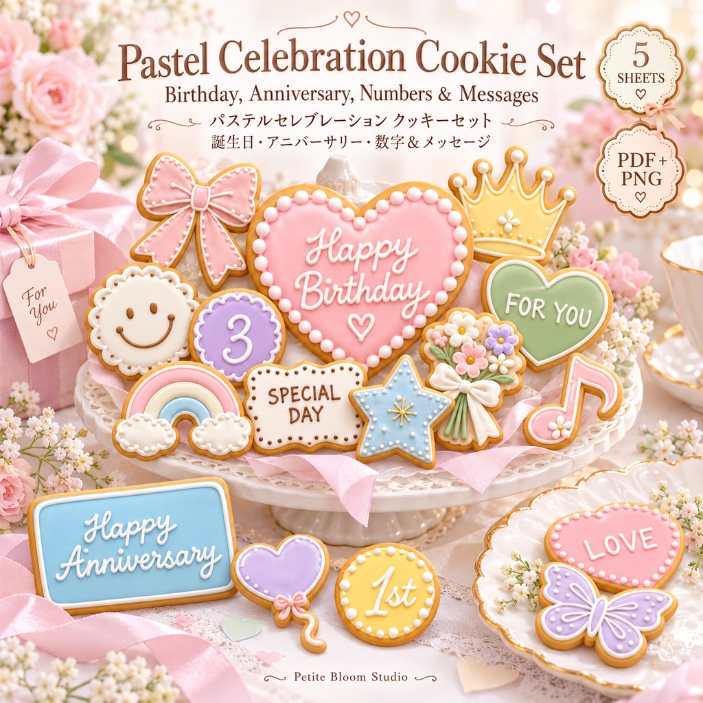 推し活・誕生日・周年記念・数字＆メッセージ アイシングクッキー風デコレーション　Pastel Celebration Cookie Set