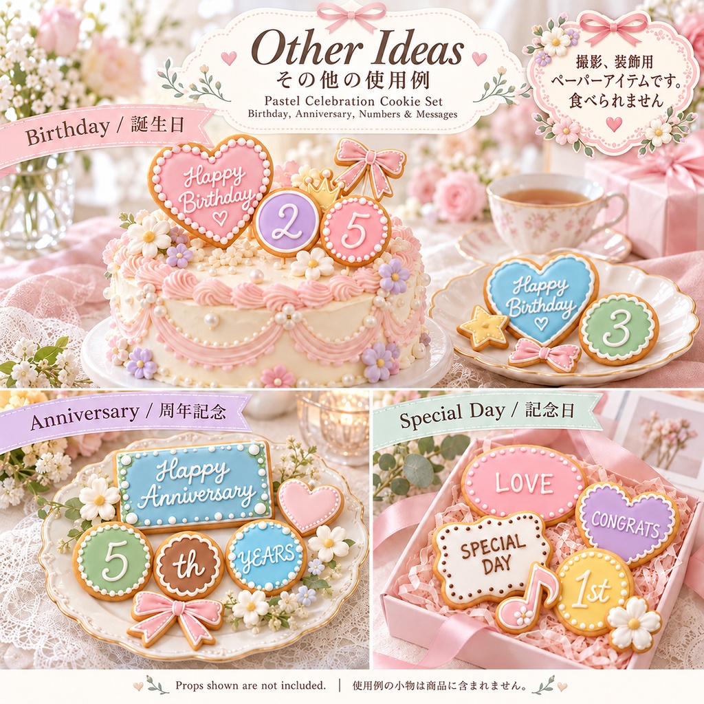 推し活・誕生日・周年記念・数字&メッセージ アイシングクッキー風デコレーション Pastel Celebration Cookie Set