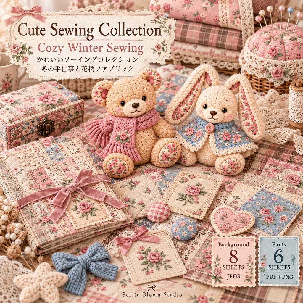Cute Sewing Collection|Cozy Winter Sewing|冬の手仕事と花柄ファブリック|デジタル素材・ジャンクジャーナル・コラージュ