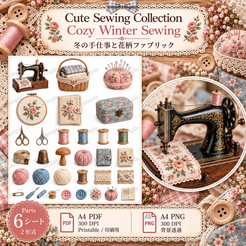 Cute Sewing Collection|Cozy Winter Sewing|冬の手仕事と花柄ファブリック|デジタル素材・ジャンクジャーナル・コラージュ