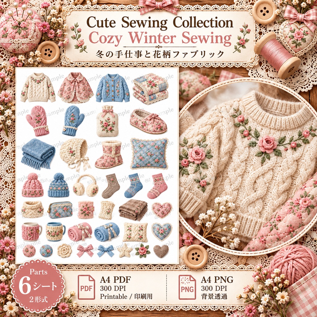 Cute Sewing Collection|Cozy Winter Sewing|冬の手仕事と花柄ファブリック|デジタル素材・ジャンクジャーナル・コラージュ