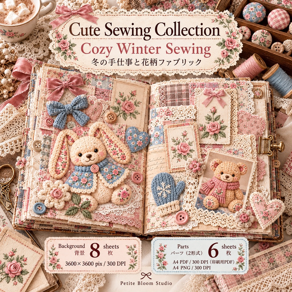 Cute Sewing Collection｜Cozy Winter Sewing｜冬の手仕事と花柄ファブリック｜デジタル素材・ジャンクジャーナル・コラージュ