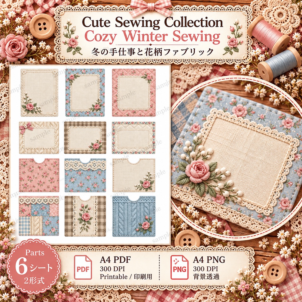 Cute Sewing Collection|Cozy Winter Sewing|冬の手仕事と花柄ファブリック|デジタル素材・ジャンクジャーナル・コラージュ