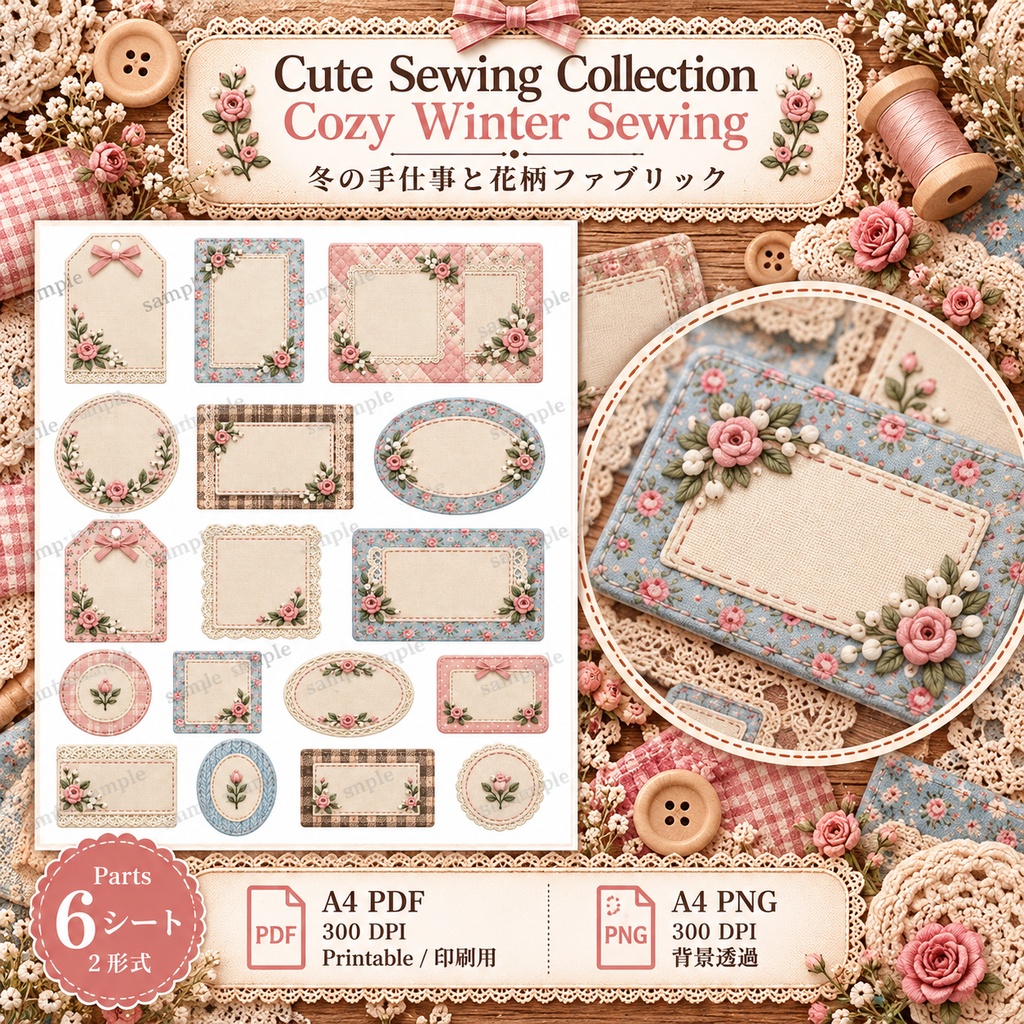 Cute Sewing Collection|Cozy Winter Sewing|冬の手仕事と花柄ファブリック|デジタル素材・ジャンクジャーナル・コラージュ