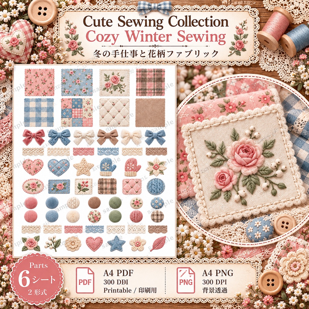 Cute Sewing Collection|Cozy Winter Sewing|冬の手仕事と花柄ファブリック|デジタル素材・ジャンクジャーナル・コラージュ