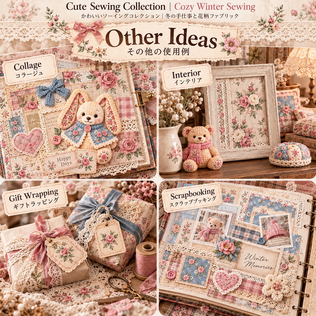 Cute Sewing Collection|Cozy Winter Sewing|冬の手仕事と花柄ファブリック|デジタル素材・ジャンクジャーナル・コラージュ
