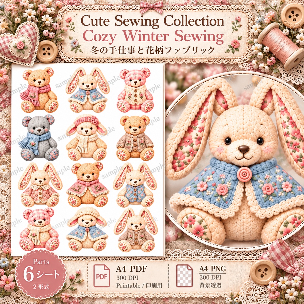 Cute Sewing Collection|Cozy Winter Sewing|冬の手仕事と花柄ファブリック|デジタル素材・ジャンクジャーナル・コラージュ