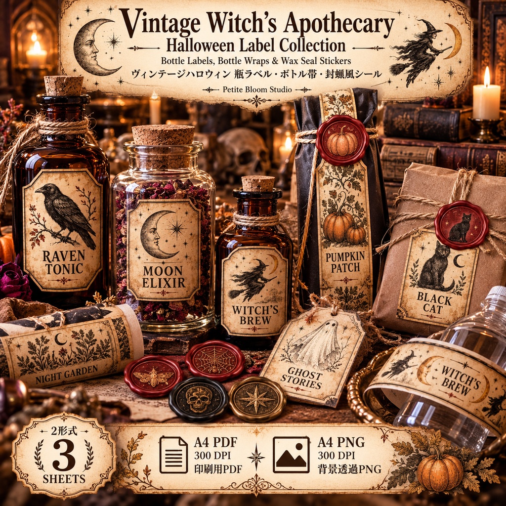 ヴィンテージハロウィン ラベルセット|瓶ラベル・ボトル帯・封蝋風シール|A4 PDF・PNG
