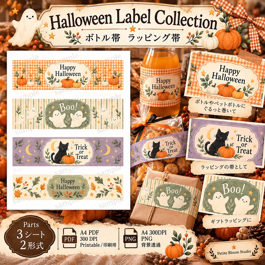 ほっこりハロウィン ラベルセット|瓶ラベル・ボトル帯・シール|印刷できるデジタル素材