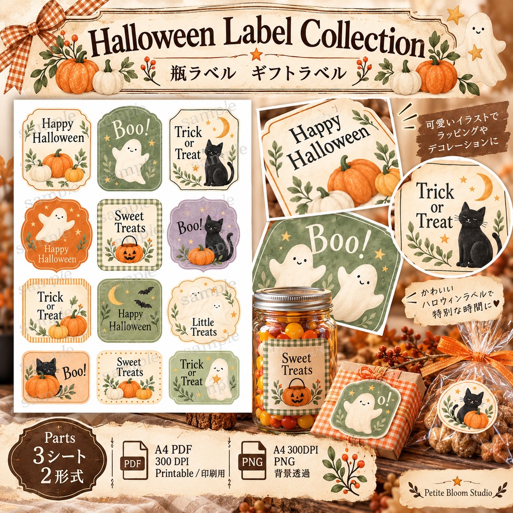 ほっこりハロウィン ラベルセット|瓶ラベル・ボトル帯・シール|印刷できるデジタル素材