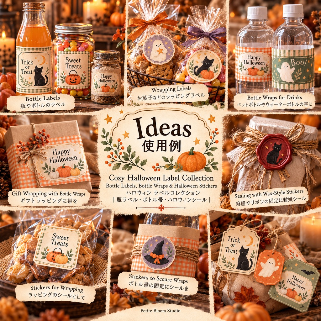 ほっこりハロウィン ラベルセット|瓶ラベル・ボトル帯・シール|印刷できるデジタル素材