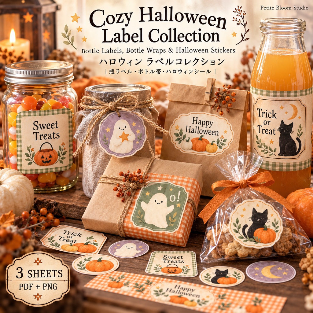 ほっこりハロウィン ラベルセット｜瓶ラベル・ボトル帯・シール｜印刷できるデジタル素材
