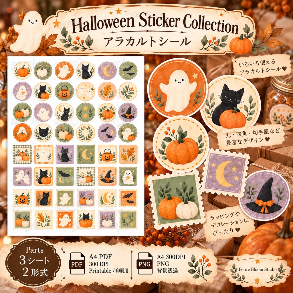 ほっこりハロウィン ラベルセット|瓶ラベル・ボトル帯・シール|印刷できるデジタル素材