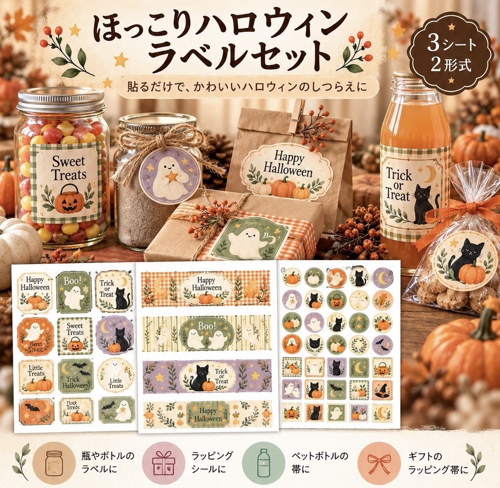 ほっこりハロウィン ラベルセット|瓶ラベル・ボトル帯・シール|印刷できるデジタル素材
