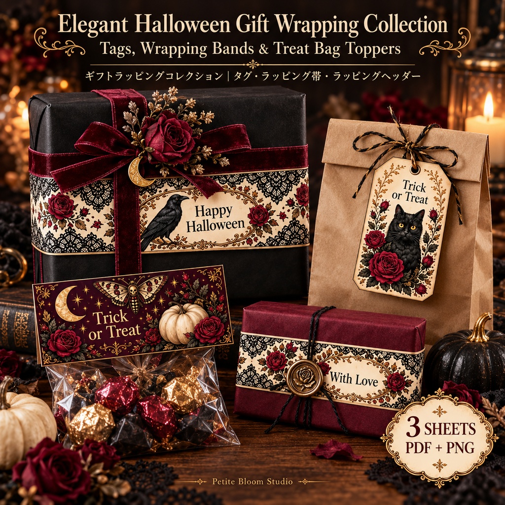 Elegant Halloween Gift Wrapping Collection|タグ・ラッピング帯・二つ折りヘッダー 3シートセット