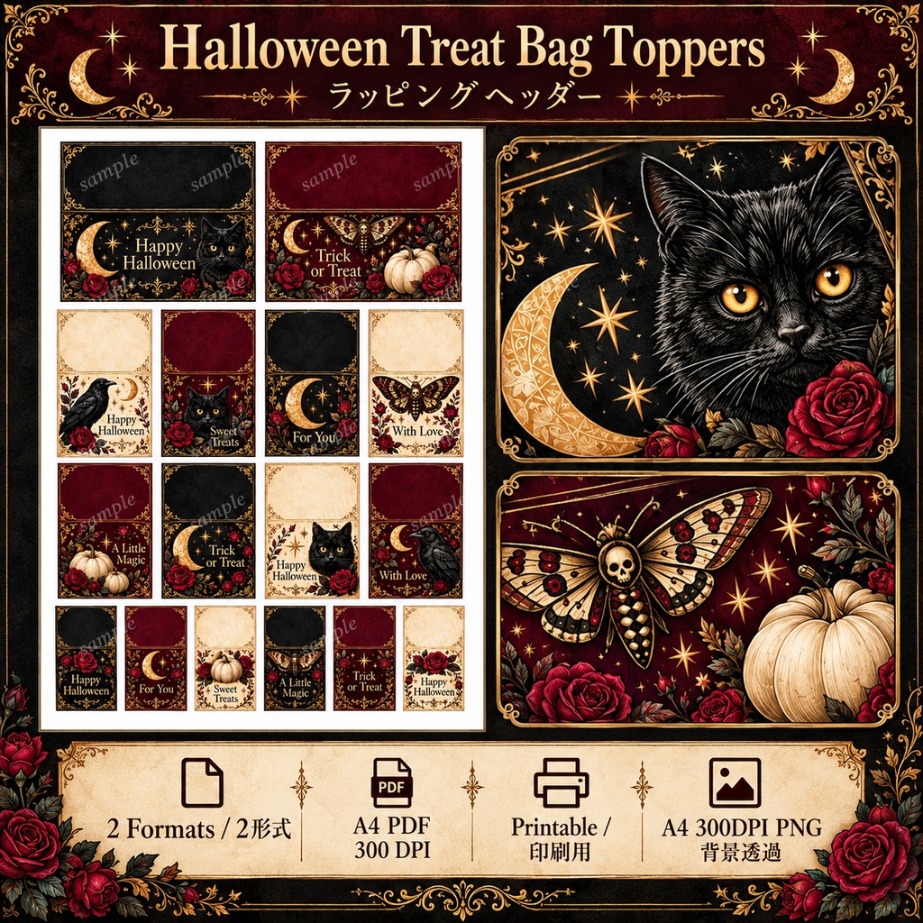 Elegant Halloween Gift Wrapping Collection|タグ・ラッピング帯・二つ折りヘッダー 3シートセット