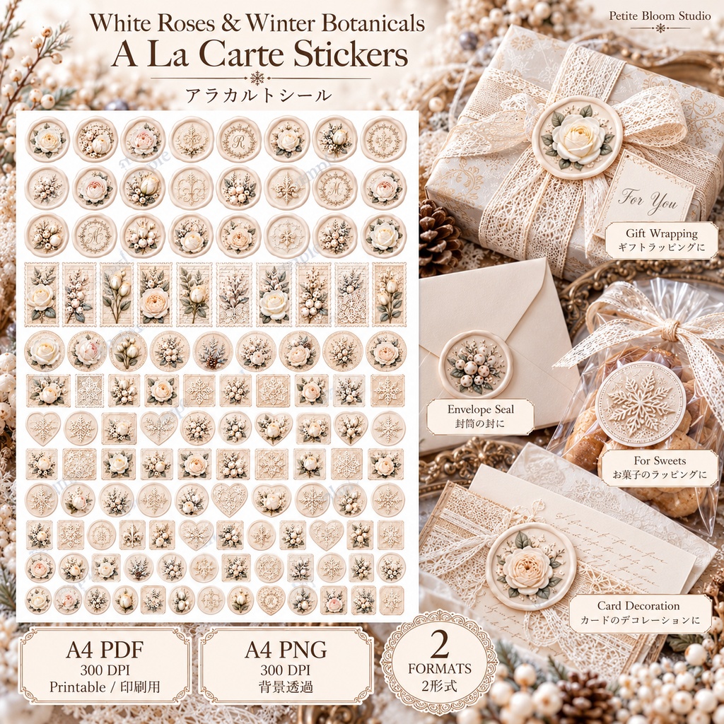 White Shabby Winter Gift Collection|白いバラとレースの冬ギフトラッピング 6シート