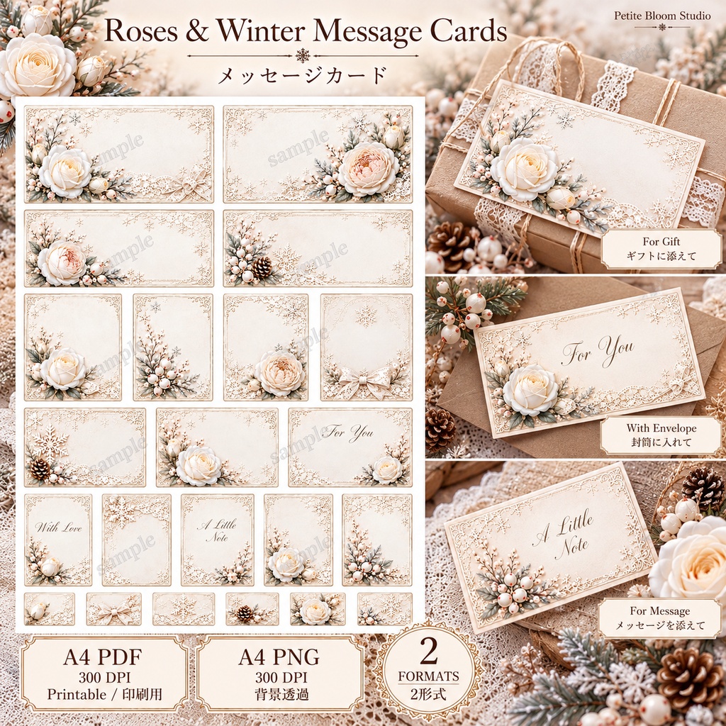 White Shabby Winter Gift Collection|白いバラとレースの冬ギフトラッピング 6シート