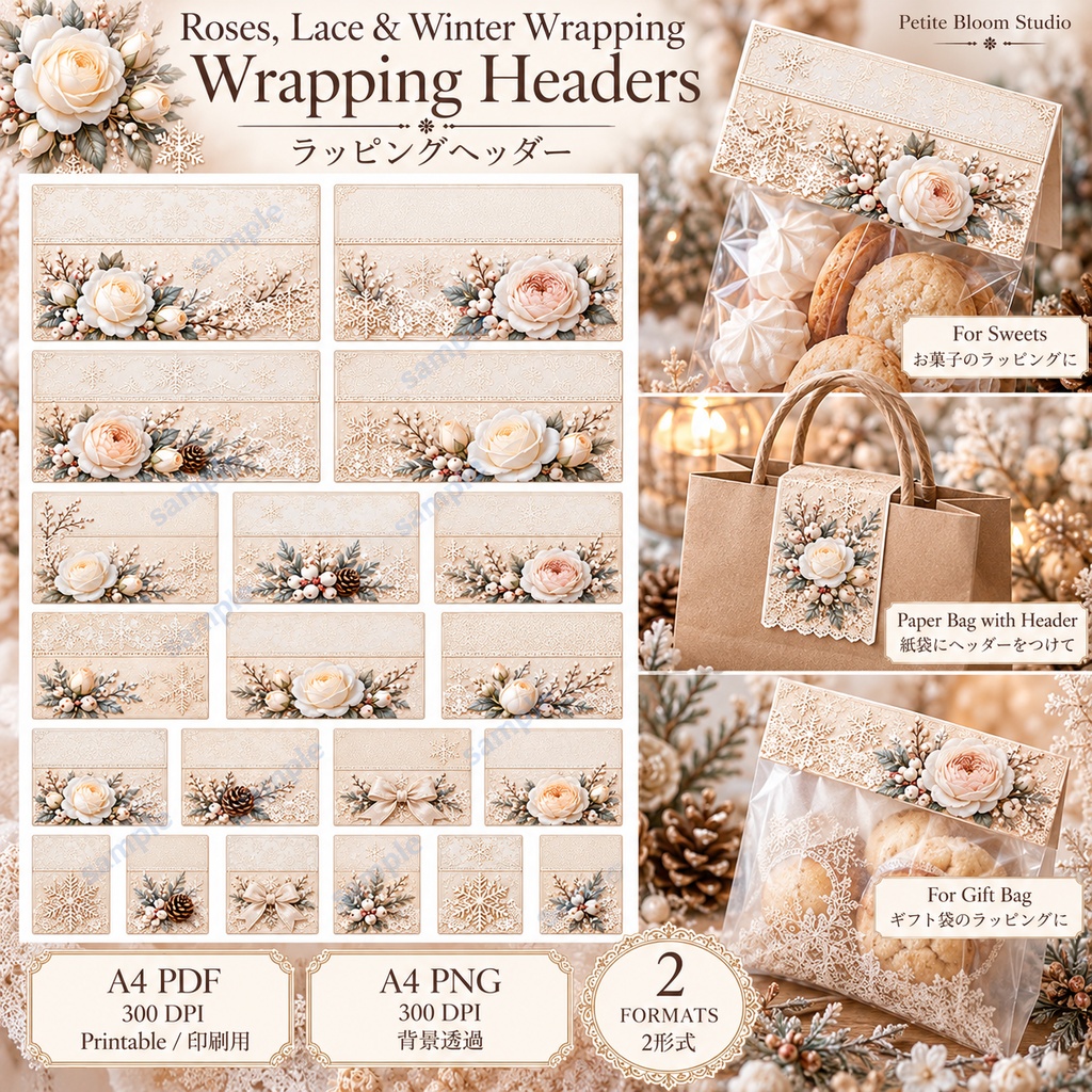 White Shabby Winter Gift Collection|白いバラとレースの冬ギフトラッピング 6シート