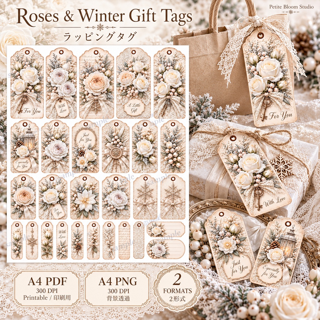 White Shabby Winter Gift Collection|白いバラとレースの冬ギフトラッピング 6シート